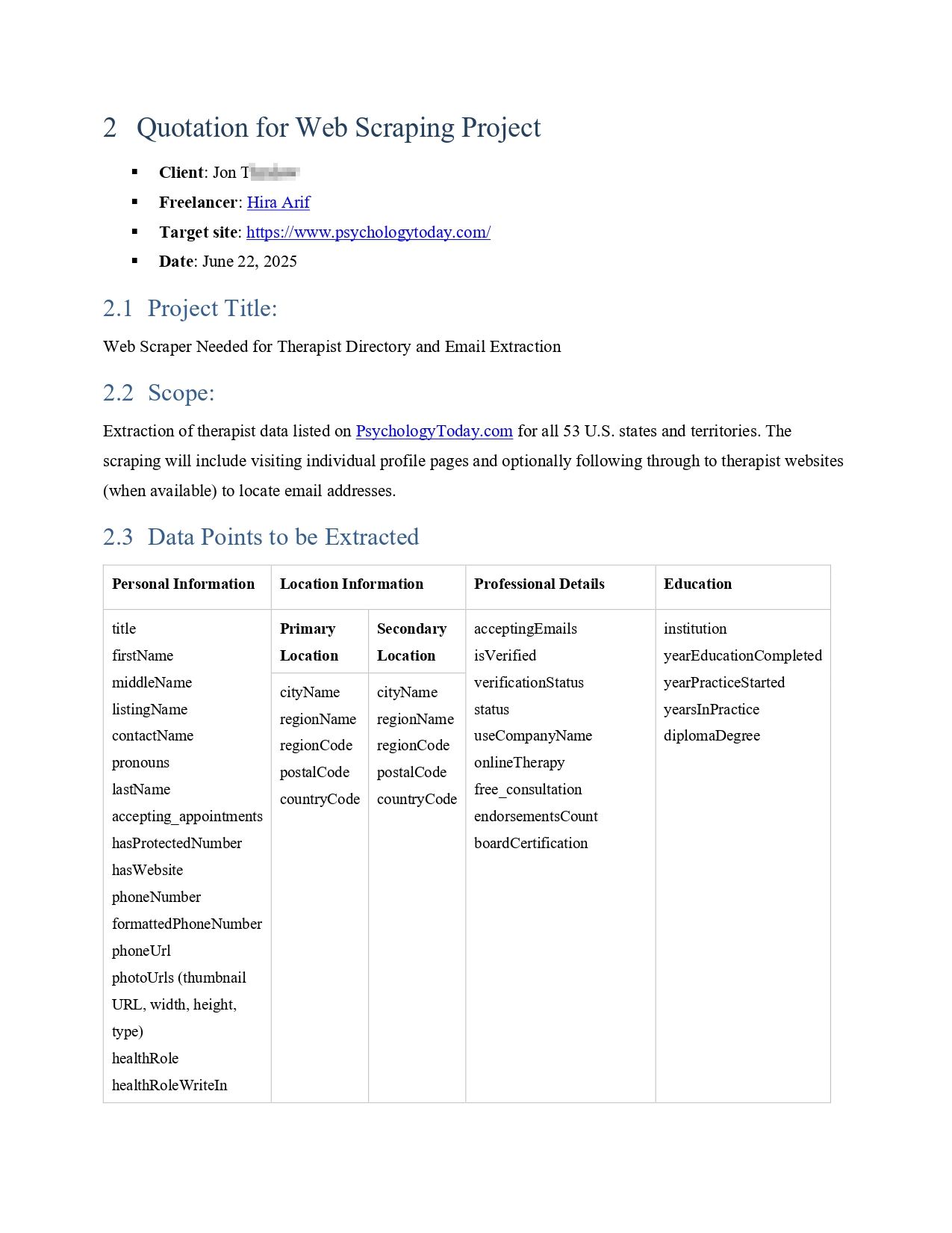 PsychologyToday Therapist Directory Extraction - Data Points 1