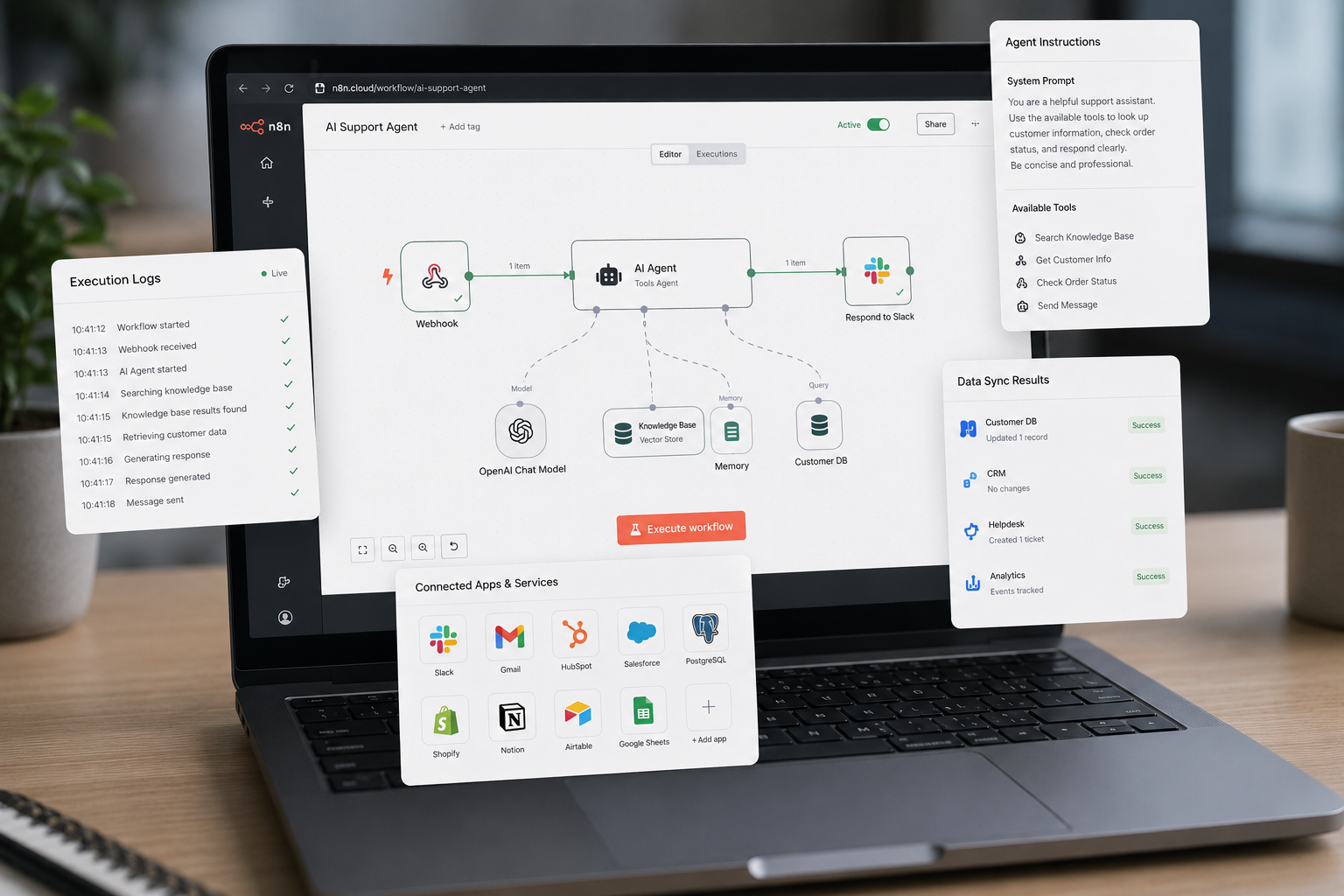 AI agents, n8n workflow automation, system integrations, and business process automation
