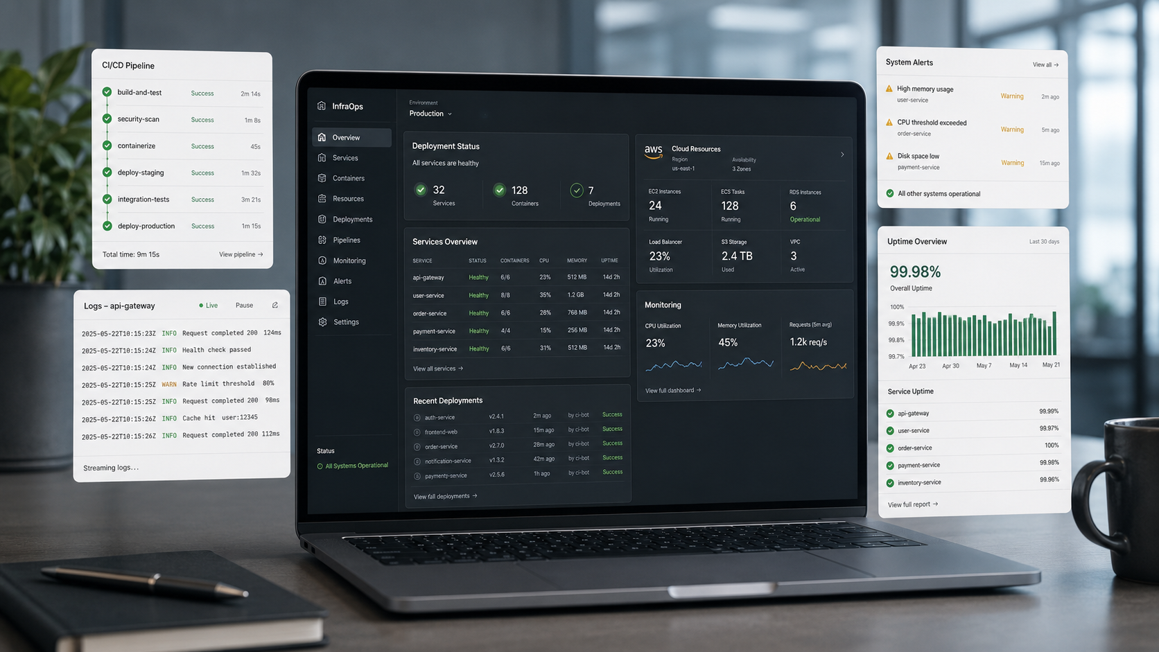 Cloud infrastructure, DevOps deployment, monitoring, and server architecture