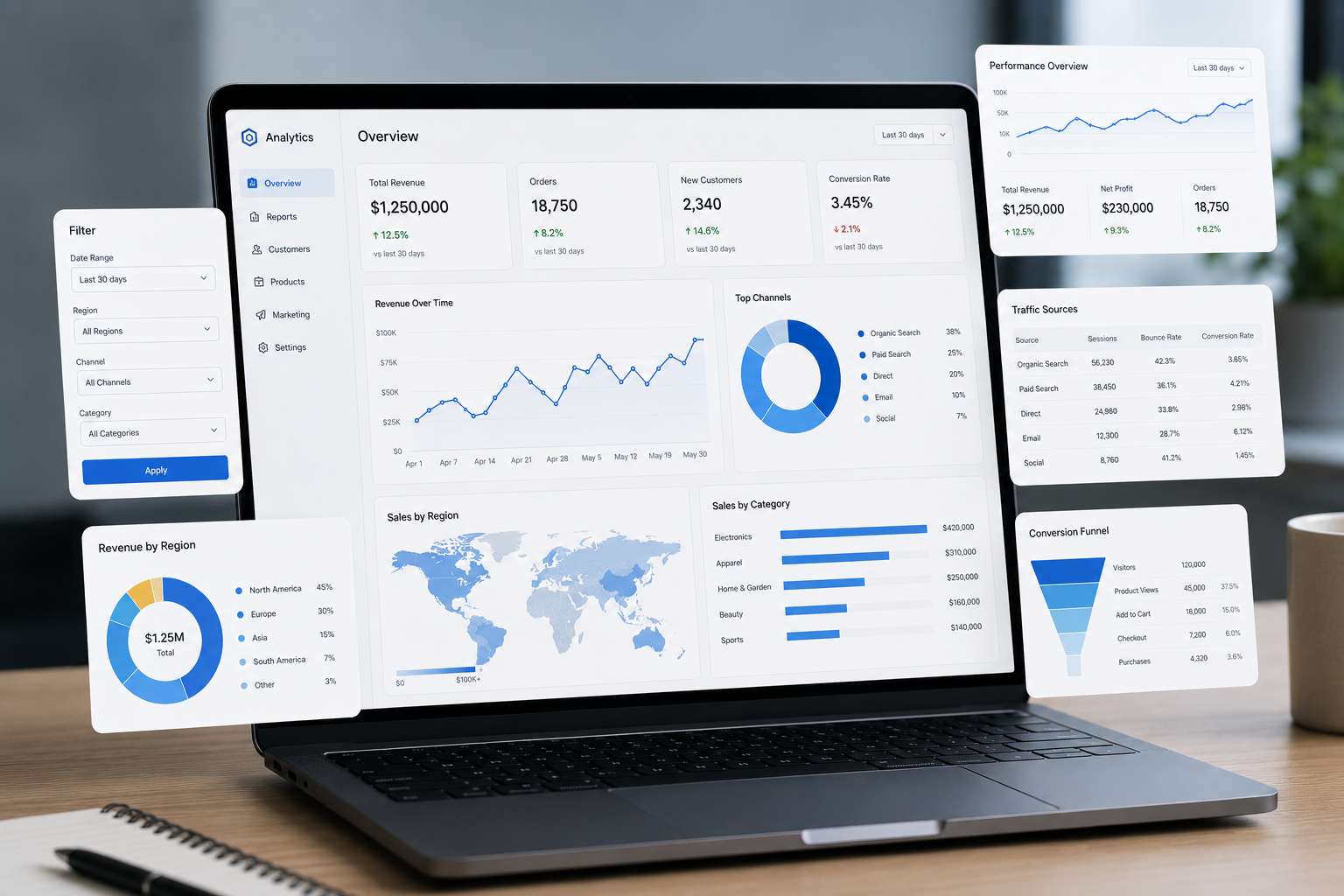 Dashboard design, business intelligence, KPI reporting, and data visualization