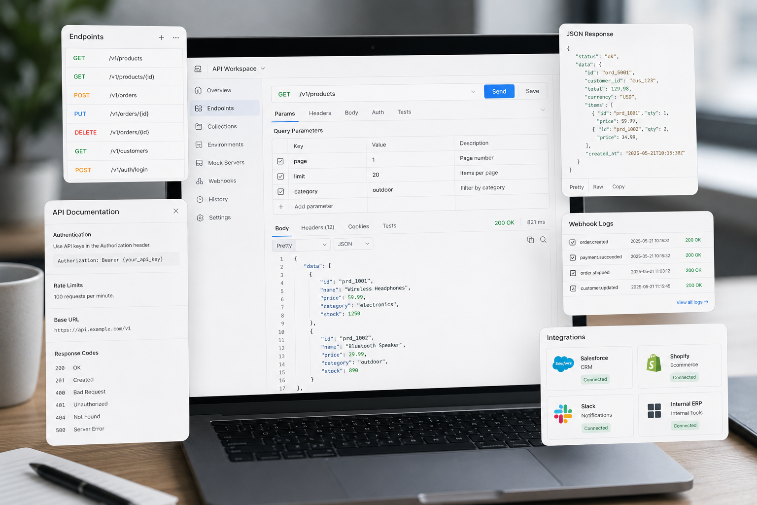 API development, webhook integration, and system connection architecture